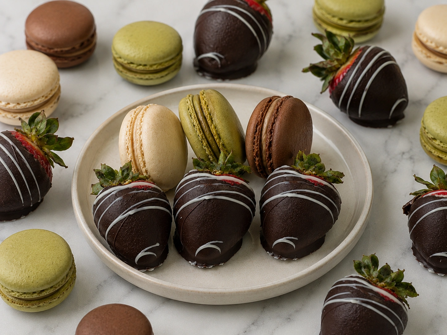 1 (15) Special Organic Belgian Chocolate Covered Strawberries & French Macarons Gift Set - Image 1