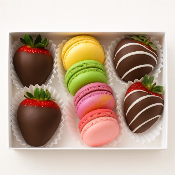 Special Organic 3 Belgian Chocolate Covered Strawberries and 3 French Macarons